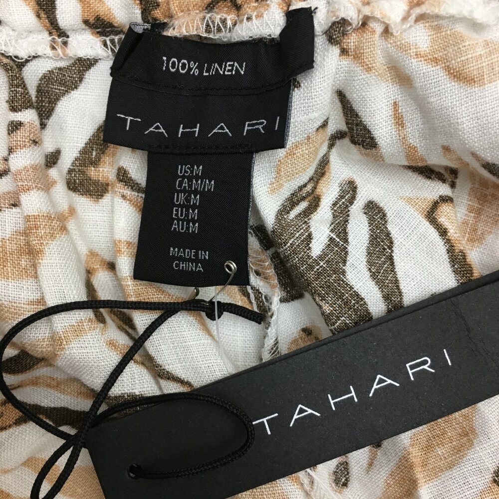 NEW Tahari Women's Brown & Ivory Print Linen Pants Wide Leg Side Zipper Medium - Picture 3 of 9